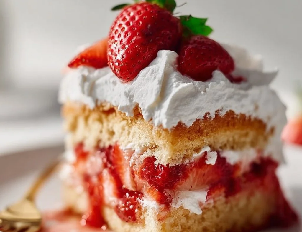 Delicious homemade strawberry shortcake topped with fresh strawberries and cream