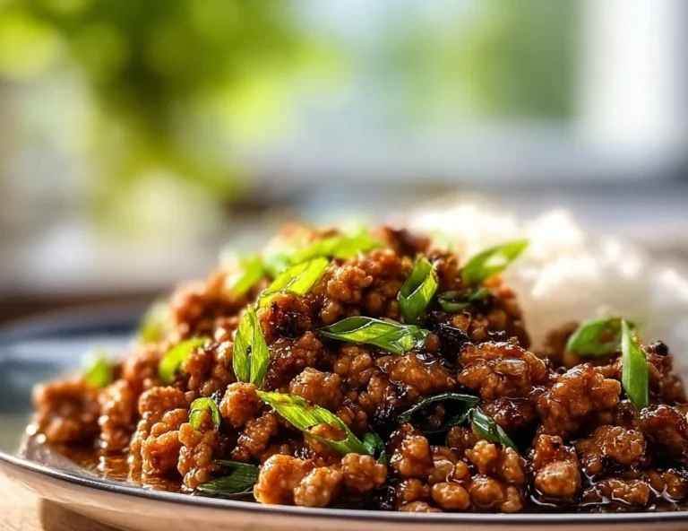 Plate of honey garlic ground turkey served with vegetables
