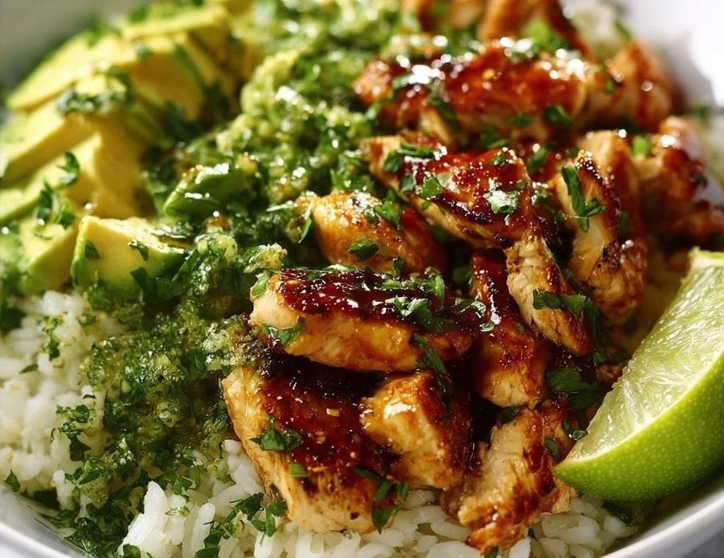 Honey Lime Chicken and Avocado Rice Bowl garnished with fresh lime and cilantro