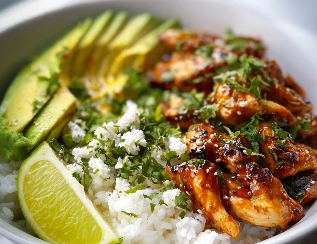 Honey Lime Chicken served in a bowl with avocado and rice garnished with lime.