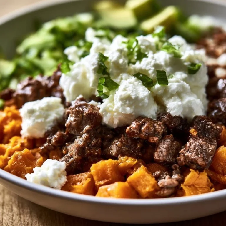 Hot Honey Cottage Cheese Sweet Potato Beef Bowl with fresh ingredients
