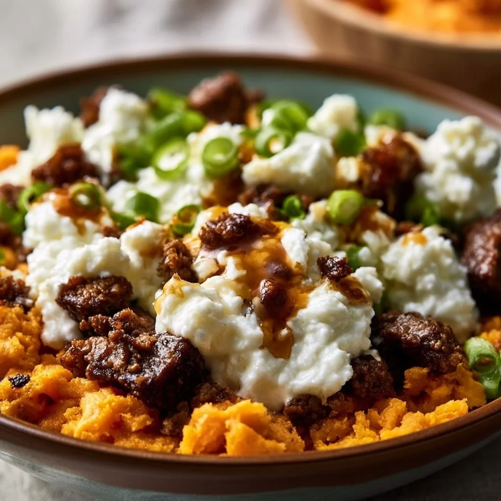 Hot Honey Cottage Cheese Sweet Potato Beef Bowl