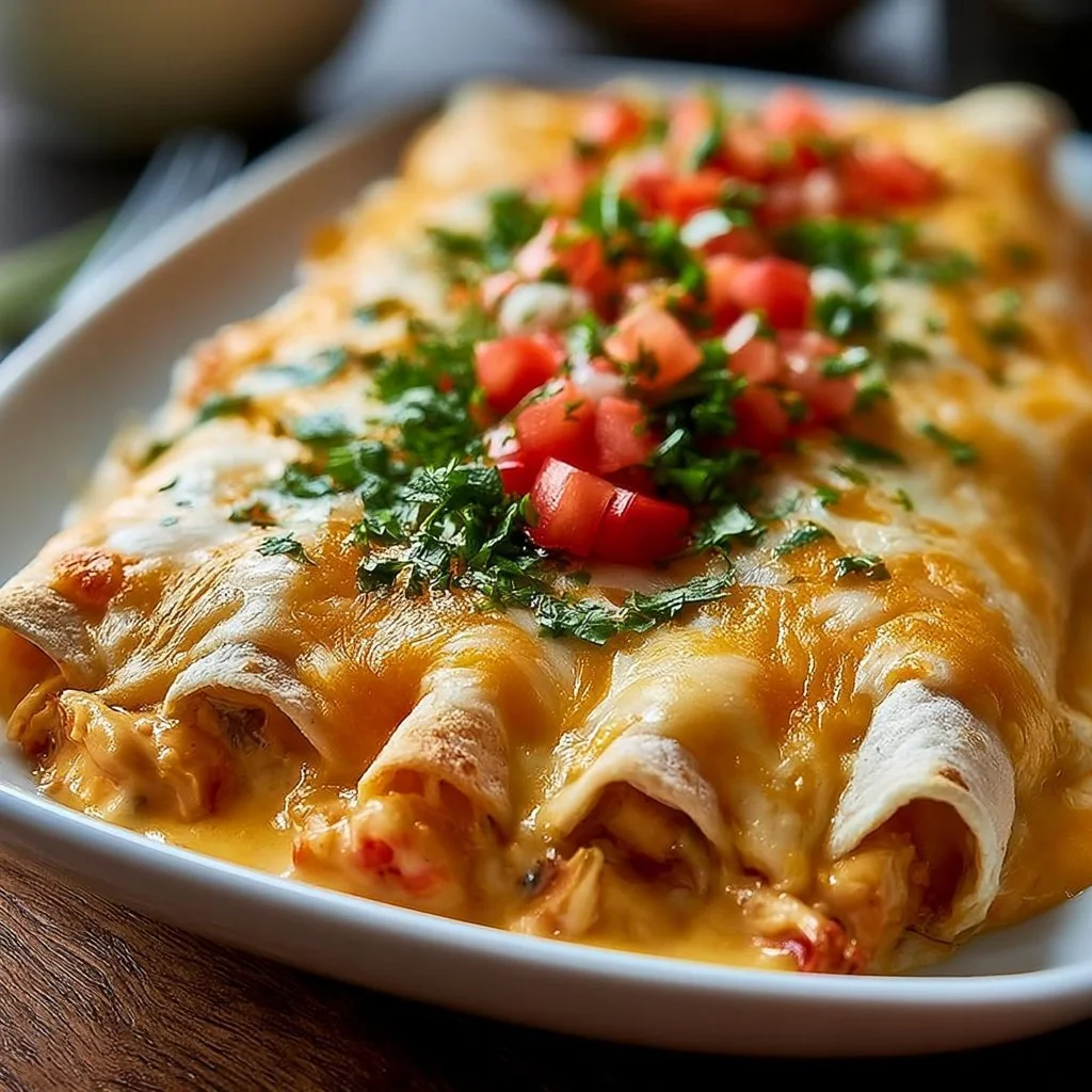 Indulgent queso chicken enchiladas topped with creamy cheese sauce and tasty toppings