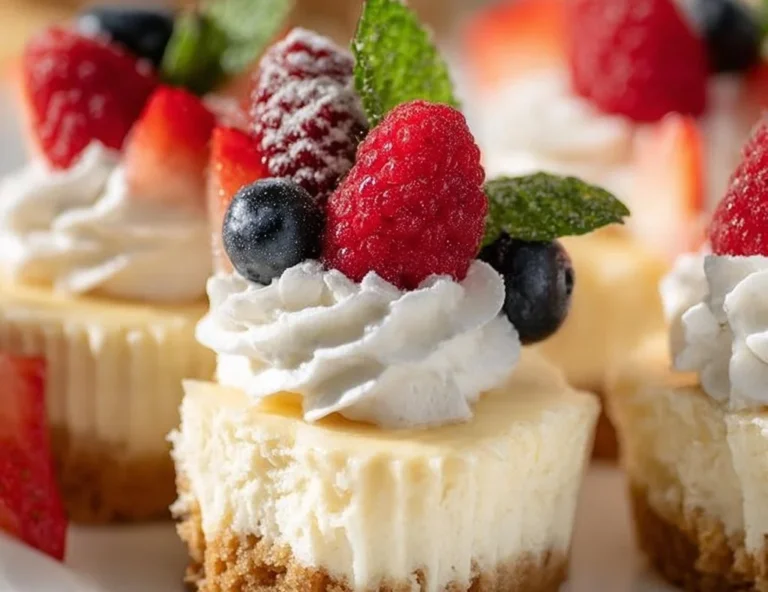 Mini cheesecakes topped with whipped cream and fresh fruit on a platter.