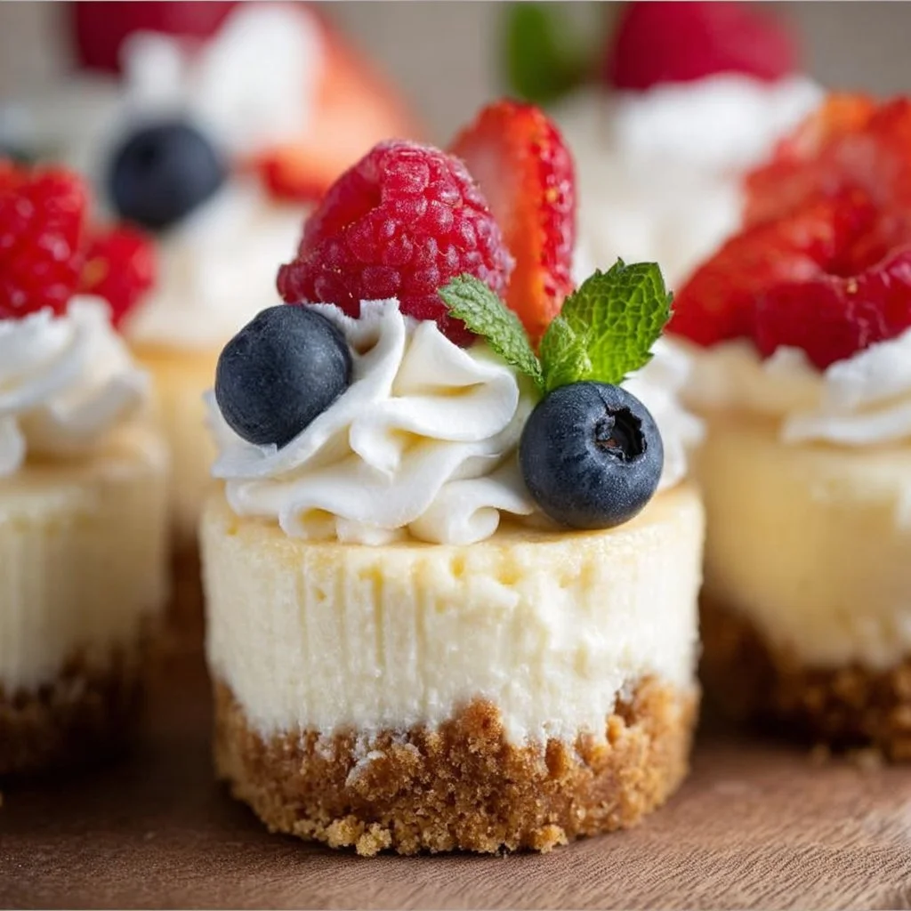 Irresistible Mini Cheesecakes with Whipped Cream and Fresh Fruit | Mini Cheesecakes for Parties, Mini Dessert Ideas for Adult Parties, Mini Cheesecake Recipes