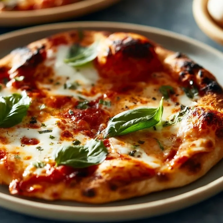 Delicious homemade margarita pizza topped with fresh basil, mozzarella, and tomatoes.
