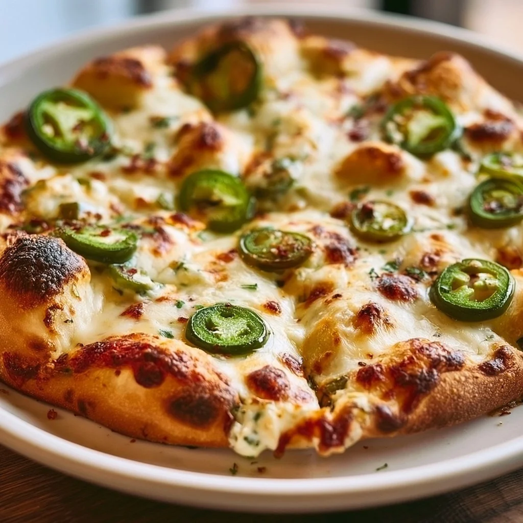 Delicious homemade Jalapeño Popper Pizza topped with jalapeños and cheese