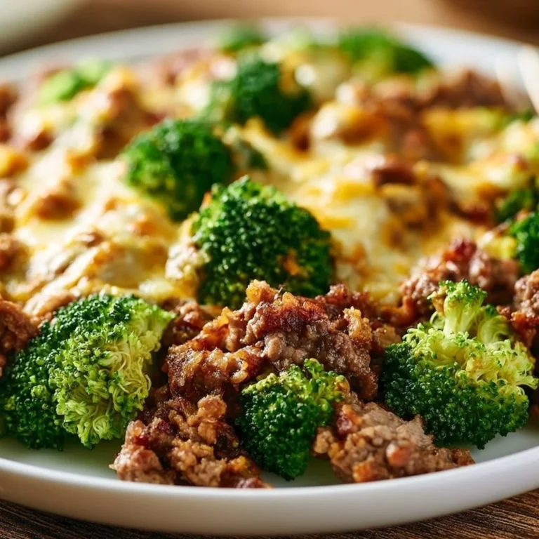 Keto Hamburger Broccoli Skillet dish with topped cheese and fresh broccoli