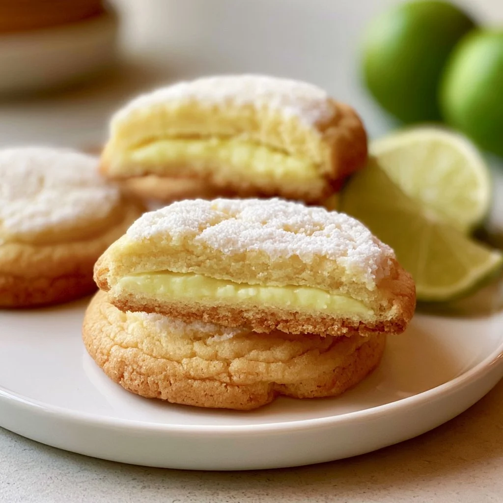 Freshly baked key lime cookies on a plate with a lime slice garnish.