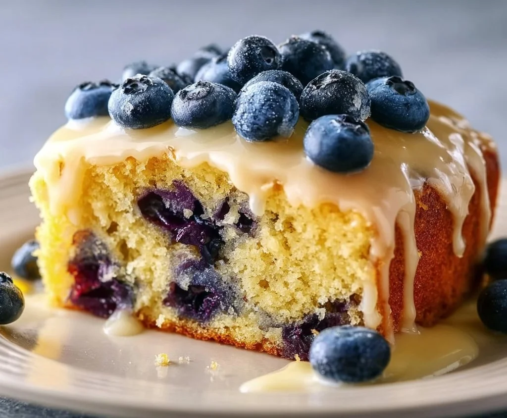 Lemon blueberry sheet cake topped with fresh blueberries and lemon zest