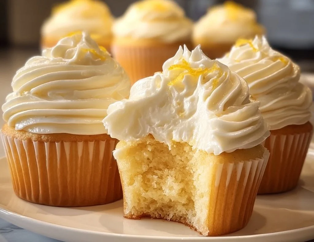 Delicious lemon cupcakes with frosting on a table, great for brightening your day.