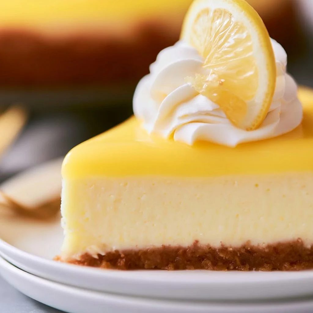 Slice of lemon curd cheesecake topped with fresh lemon zest and whipped cream.
