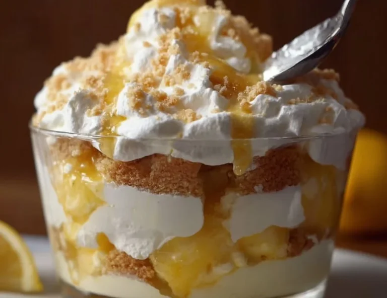 Delicious Lemon Lush Trifle dessert layered with creamy lemon filling and whipped topping
