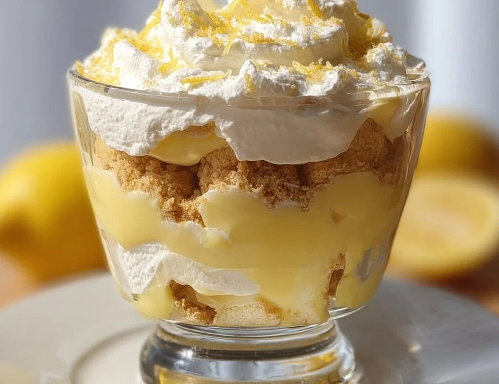 Delicious Lemon Lush Trifle with layers of lemon filling and creamy topping