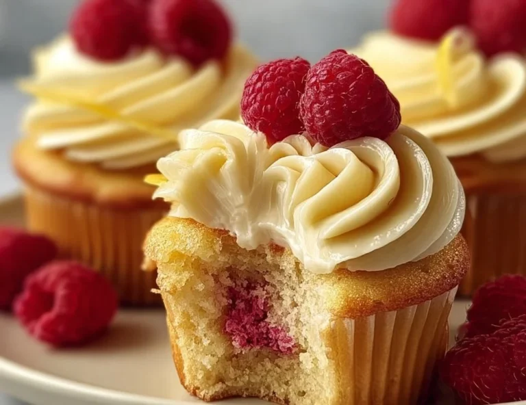 Lemon raspberry cupcakes topped with creamy frosting and fresh berries