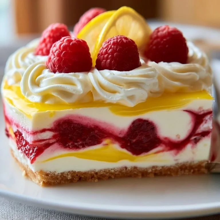 A vibrant Lemon Raspberry Delight dessert topped with fresh raspberries and lemon zest.