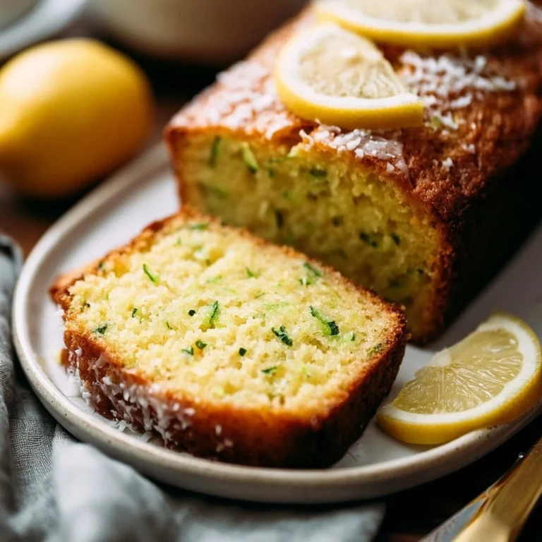 Loaf of freshly baked lemon zucchini bread with lemon slices and zucchini