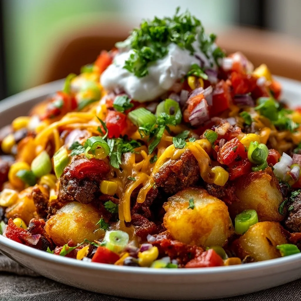 Delicious loaded potato taco bowl with creamy toppings and fresh ingredients