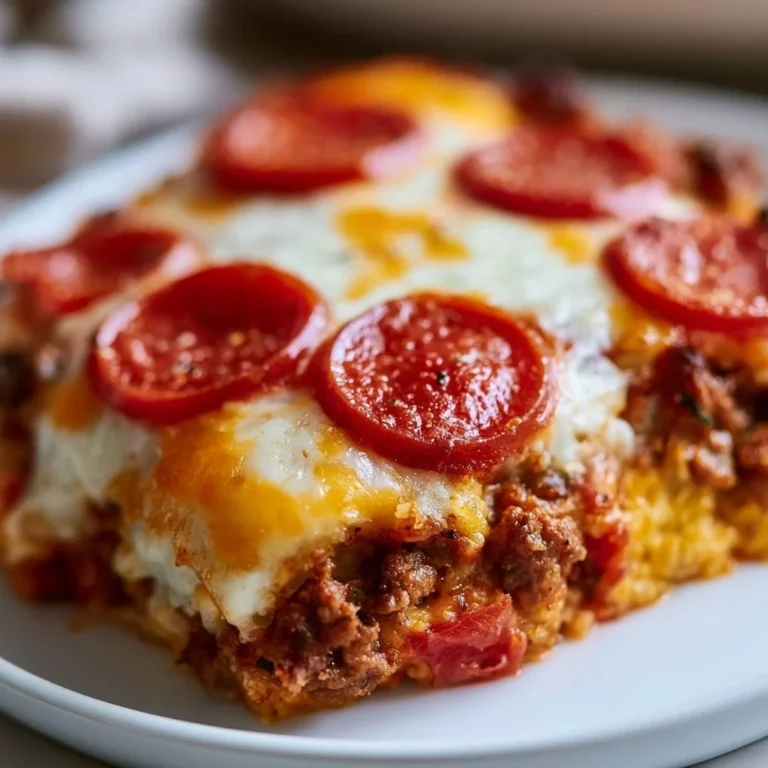 Delicious low carb pizza casserole garnished with cheese and herbs