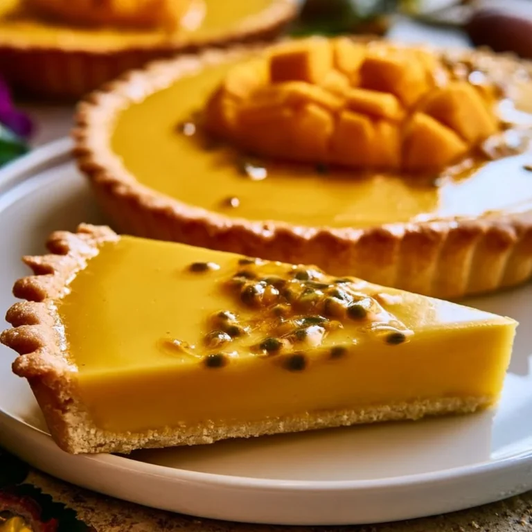Delicious Mango Passionfruit Tart showcasing vibrant tropical flavors.
