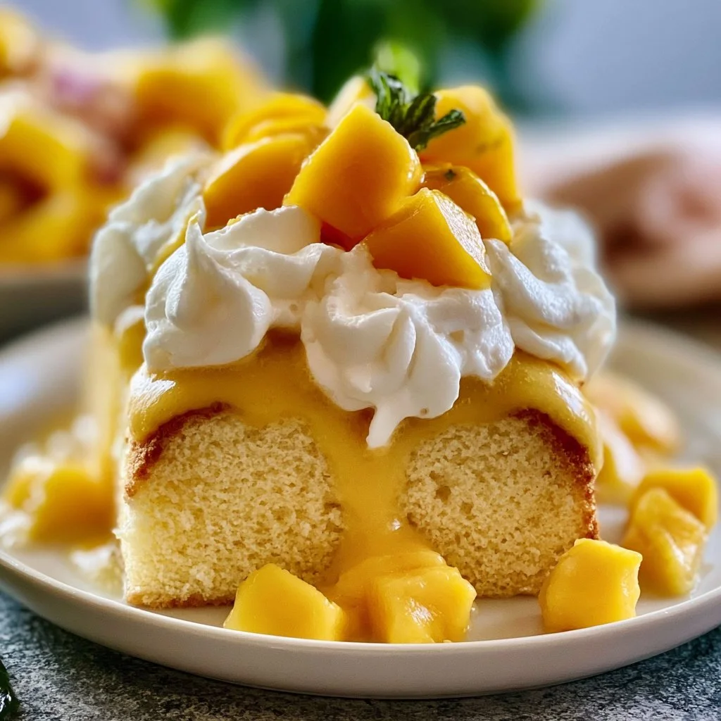 Delicious Mango Tres Leches Cake topped with fresh mango slices and whipped cream.