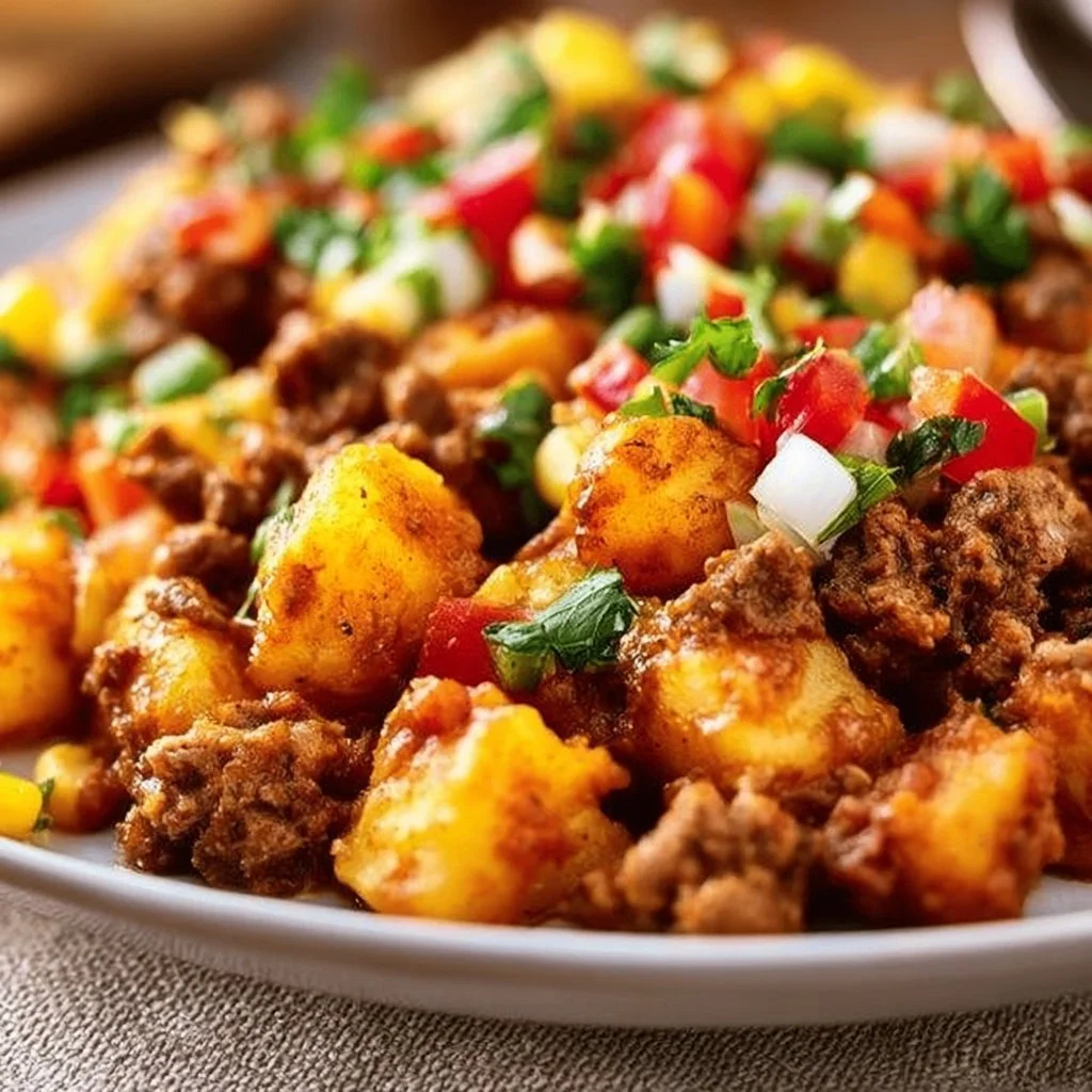 Mexican Ground Beef and Potato Skillet garnished with fresh herbs