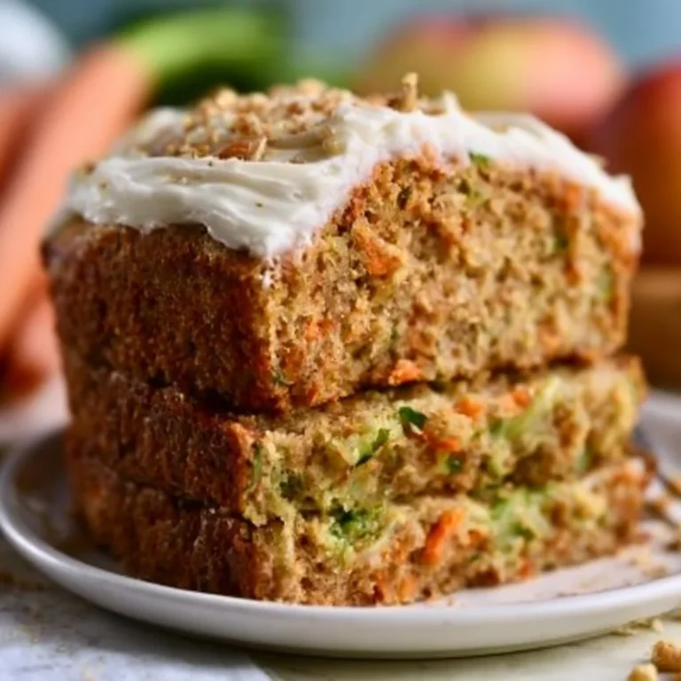 Slice of moist carrot apple zucchini bread with vibrant ingredients
