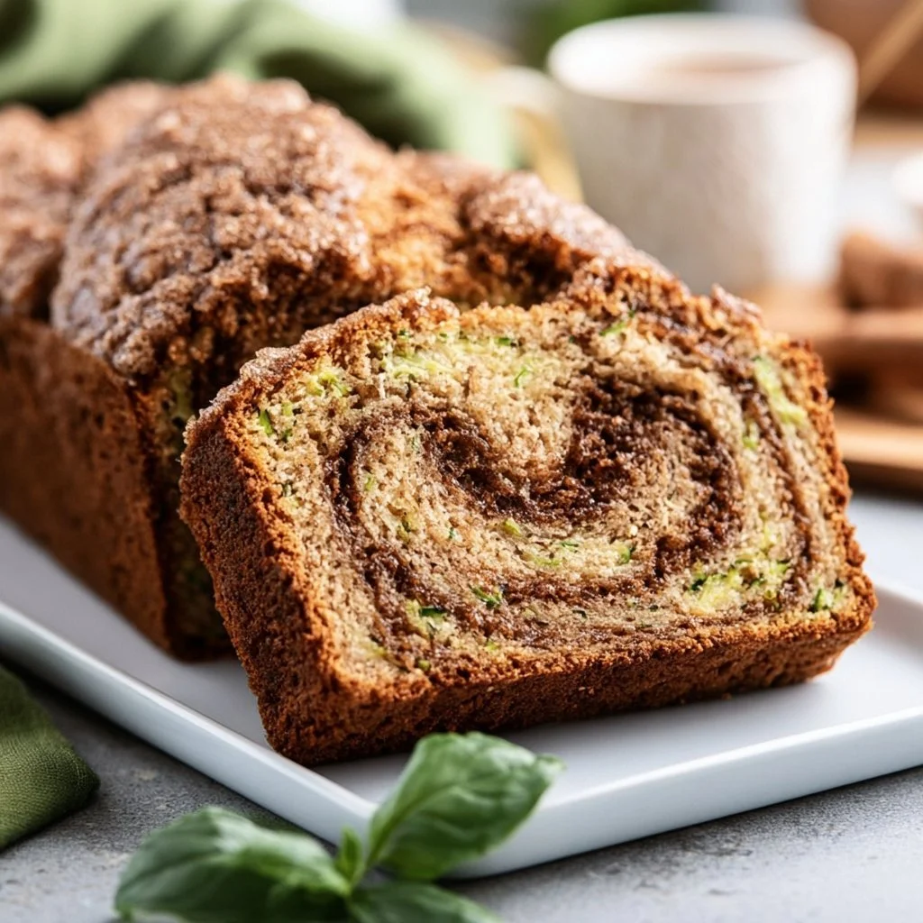 Moist cinnamon swirl zucchini bread loaf with warm spices and zucchini.