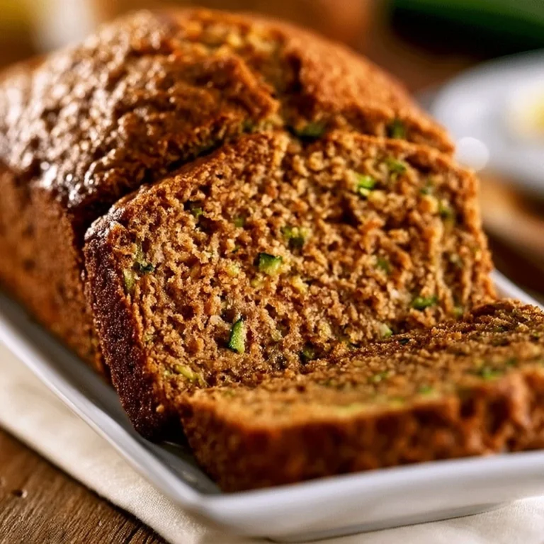 Slice of moist zucchini bread on a wooden table with fresh zucchini