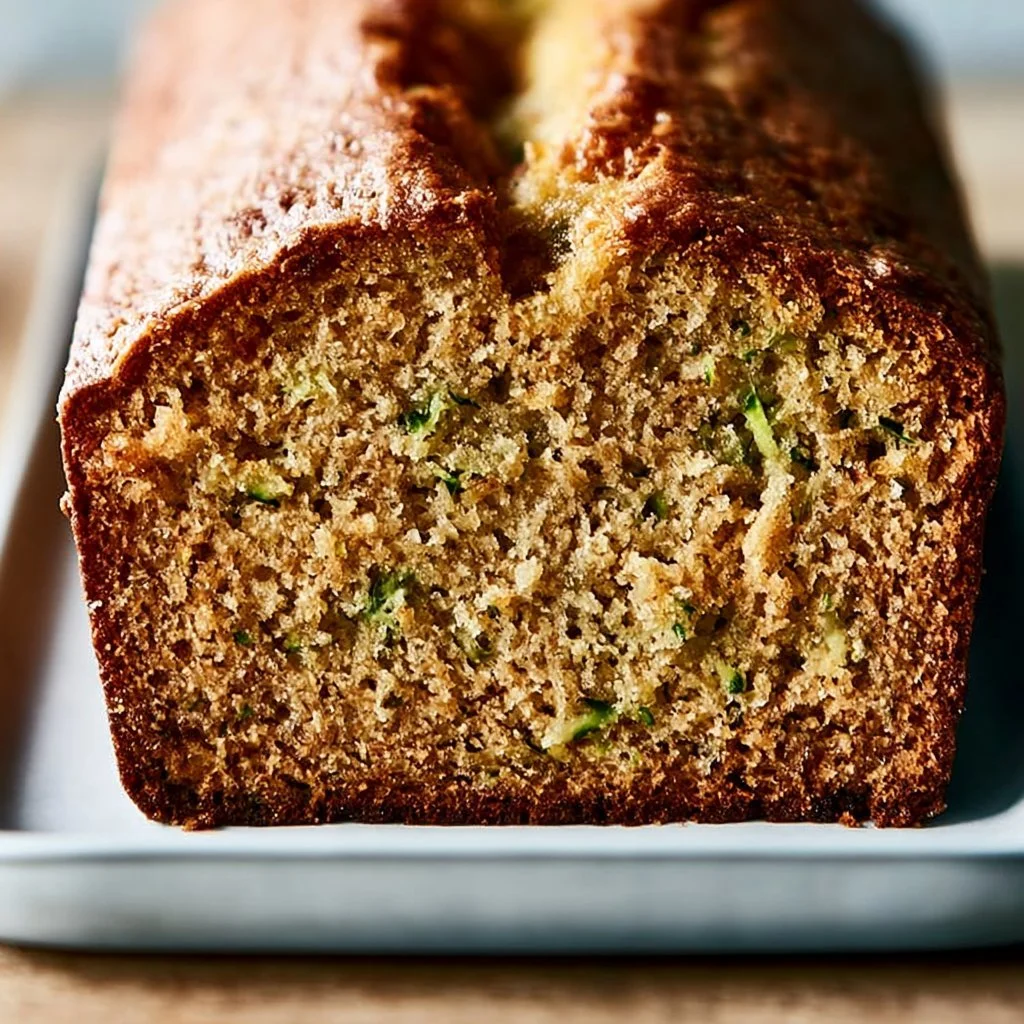 Slice of super-moist zucchini bread on a wooden cutting board