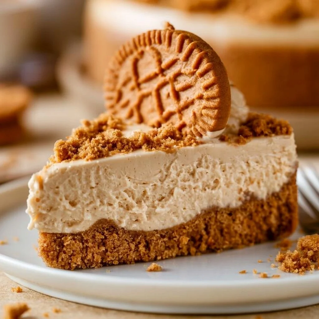 Delicious no-bake Biscoff cheesecake topped with lotus biscuit crumbs