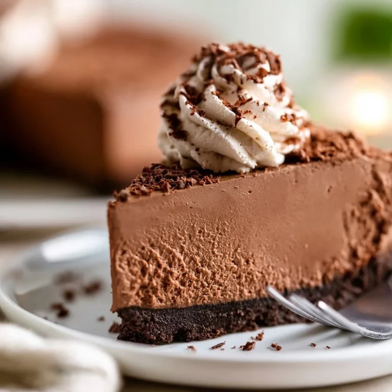 Delicious no bake chocolate cheesecake topped with chocolate shavings.