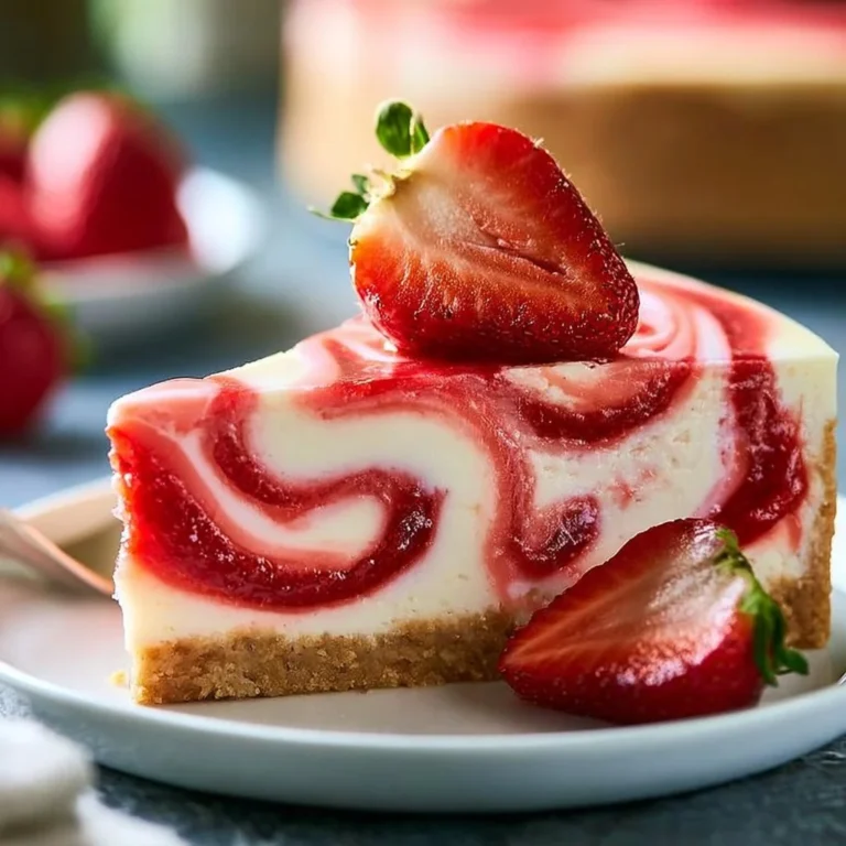 No-Bake Strawberry Swirl Cheesecake with vibrant strawberry topping