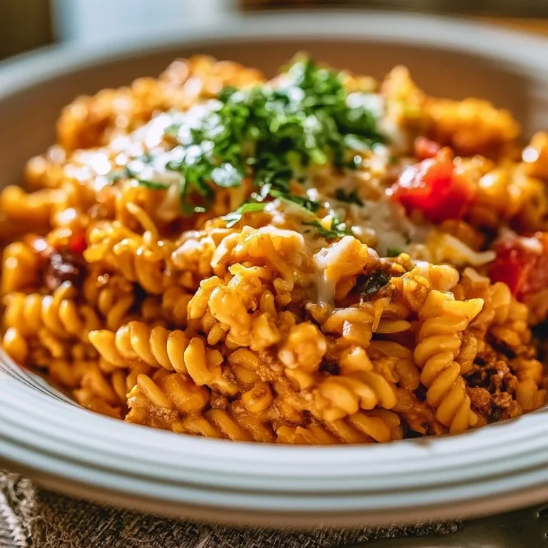 Delicious one pot enchilada pasta topped with cheese in a skillet