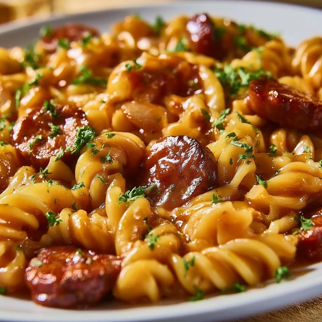 Delicious one-pot honey BBQ sausage pasta with fresh ingredients