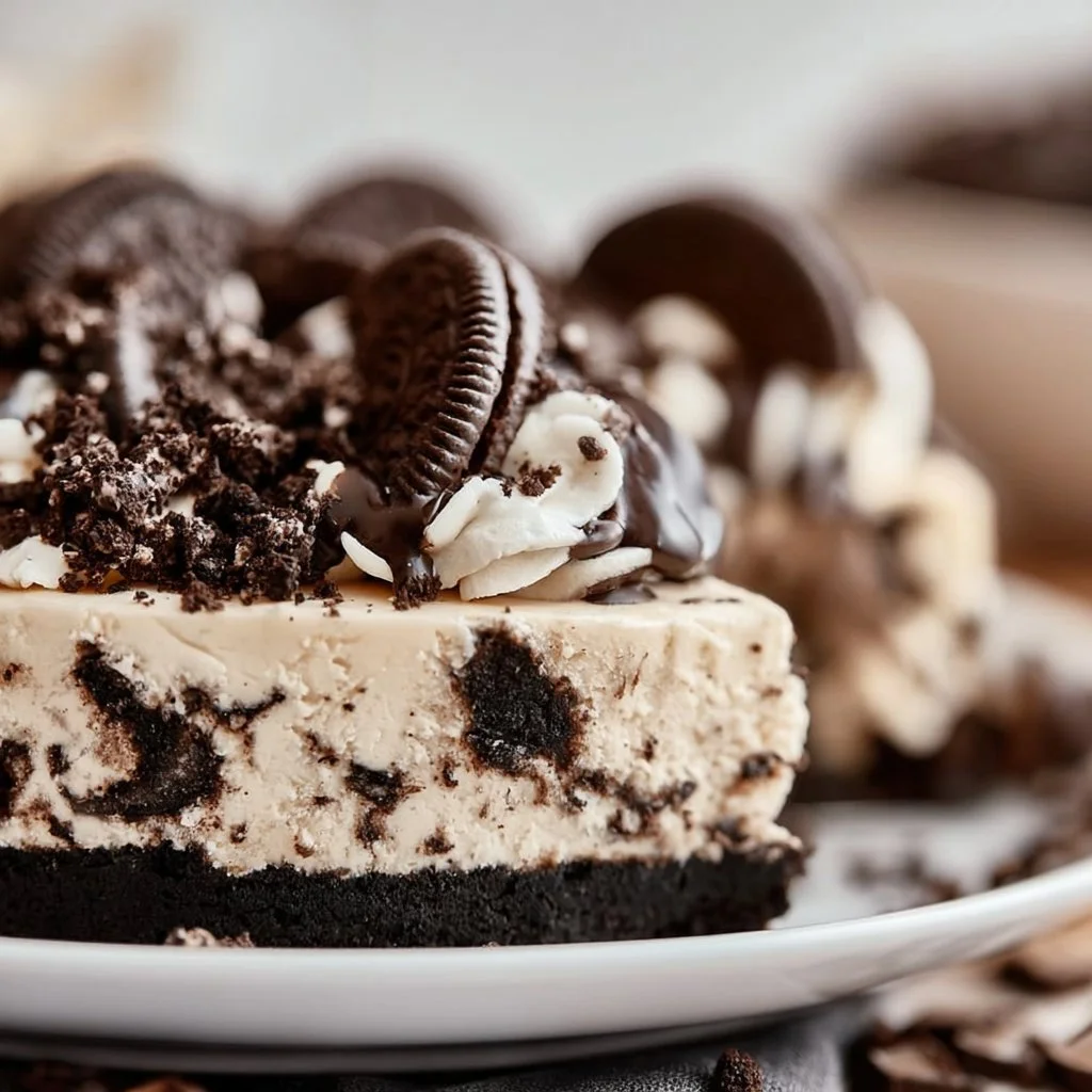 Delicious slice of OREO cheesecake topped with crushed cookies