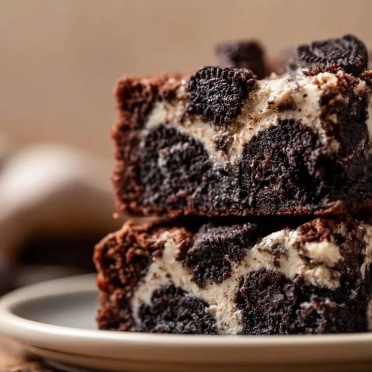 Delicious Oreo Cheesecake Brownies topped with crushed Oreos and creamy filling