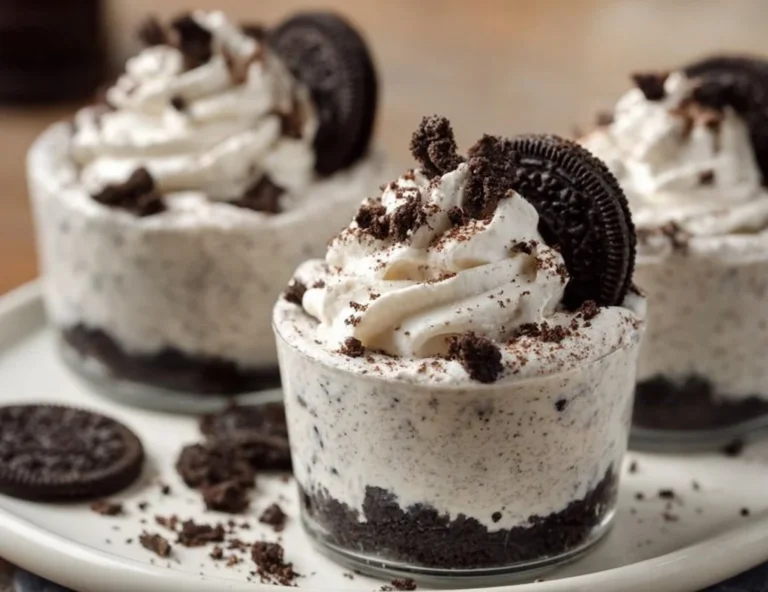 Oreo no-bake cheesecake cups topped with crushed Oreos