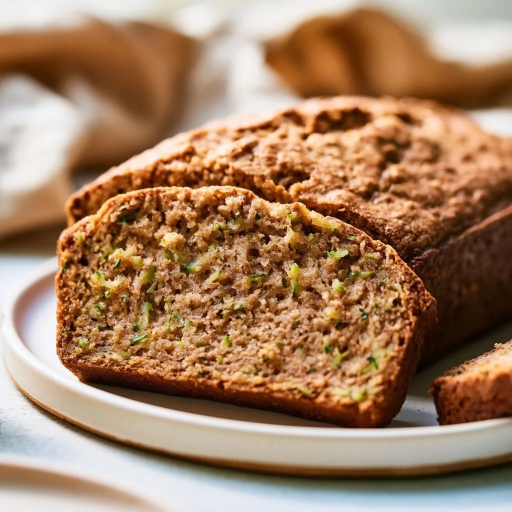 Freshly baked Paleo zucchini bread with nuts and spices on a wooden table