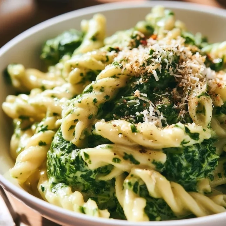 Pasta with creamy spinach sauce garnished with herbs and cheese