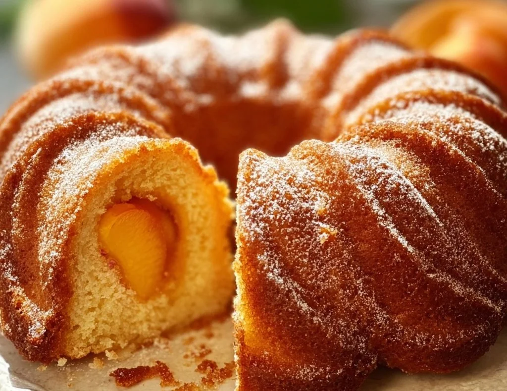 Delicious homemade Peach Bundt Cake topped with fresh peaches and icing.