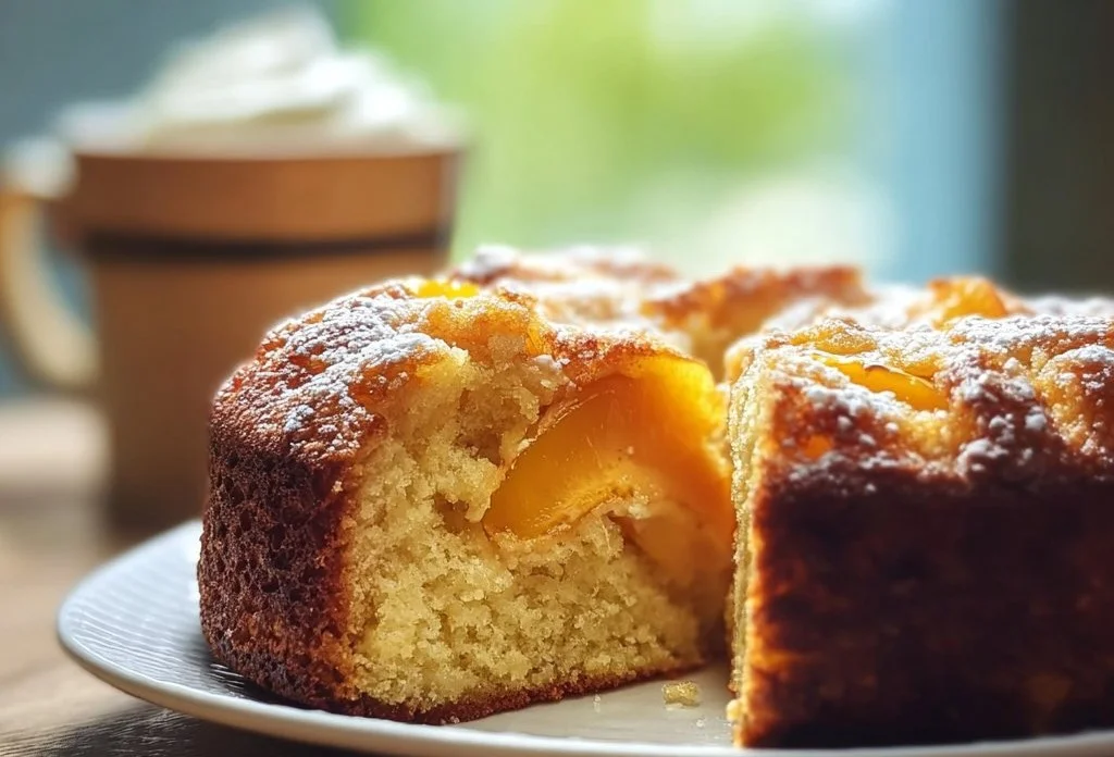 Delicious homemade Peach Cake topped with fresh peaches and whipped cream