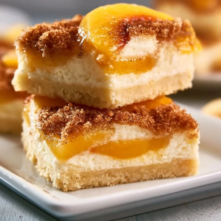 Delicious peach cobbler cheesecake bars topped with fresh peach slices