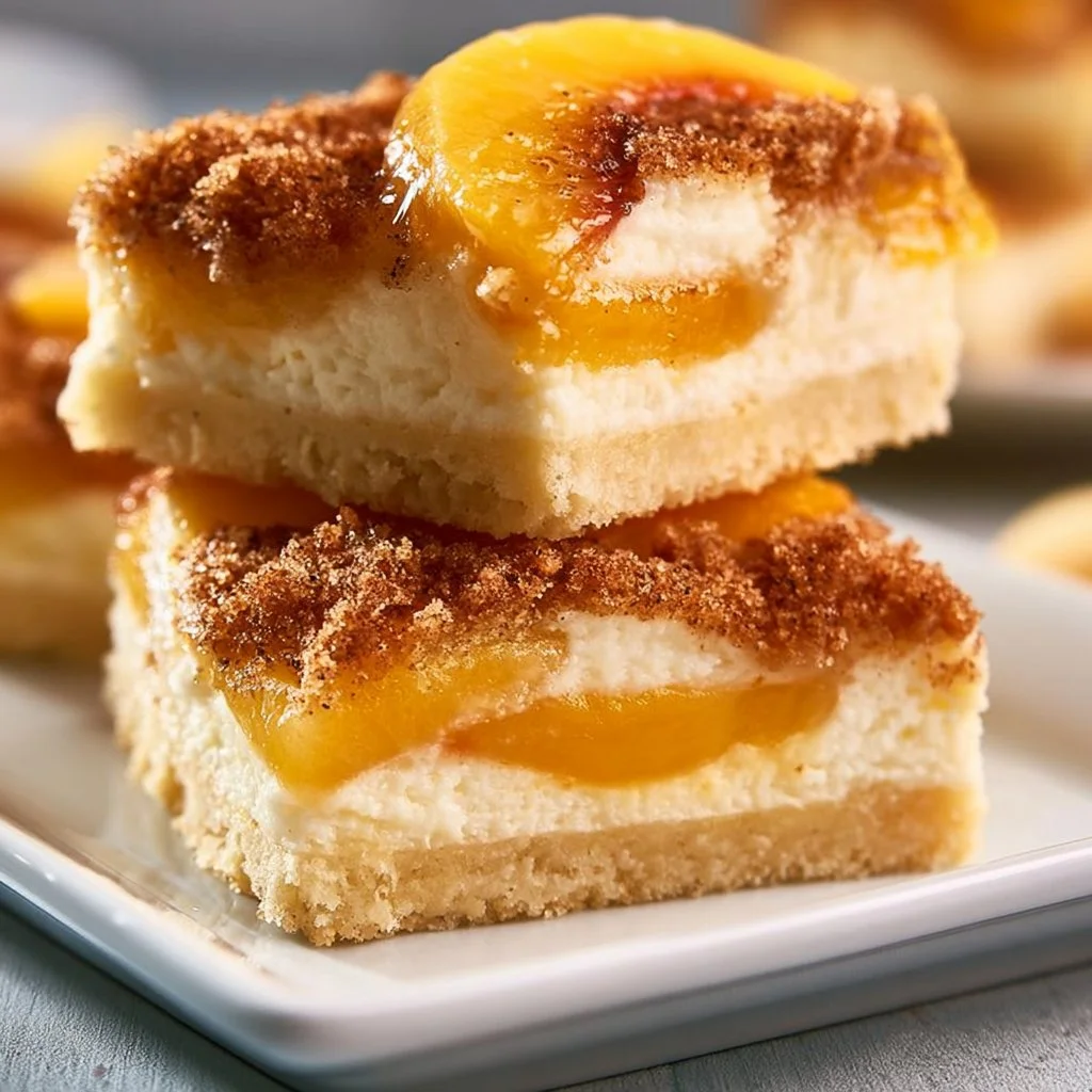 Delicious peach cobbler cheesecake bars topped with fresh peach slices