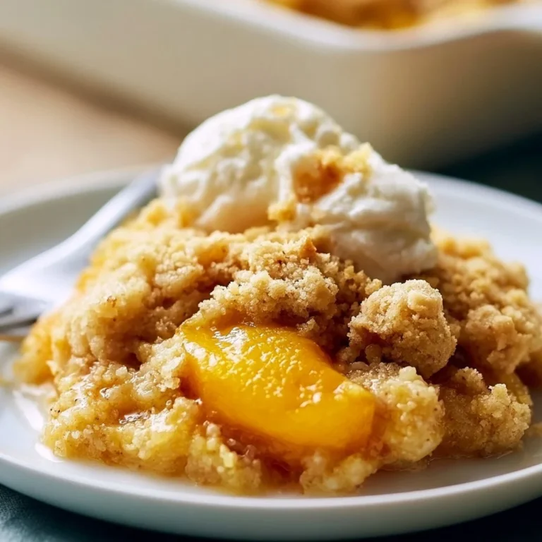 Delicious Peach Dump Cake served with a scoop of vanilla ice cream.