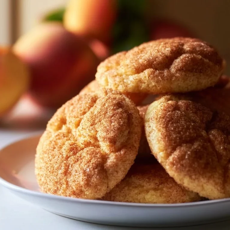 Freshly baked Peach Snickerdoodle Cookies on a cooling rack with a peach slice.