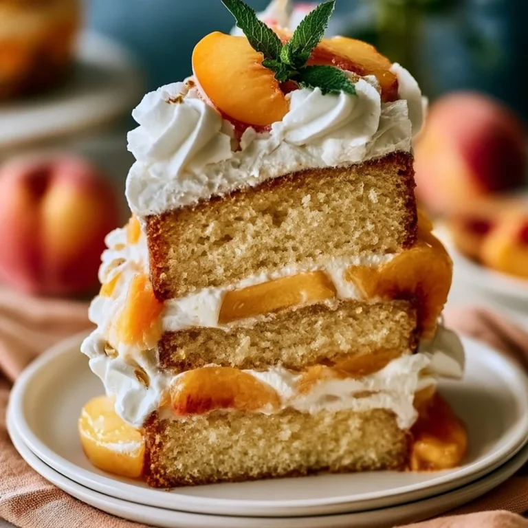 A delicious Peaches and Cream Cake displayed with fresh peaches and whipped cream.