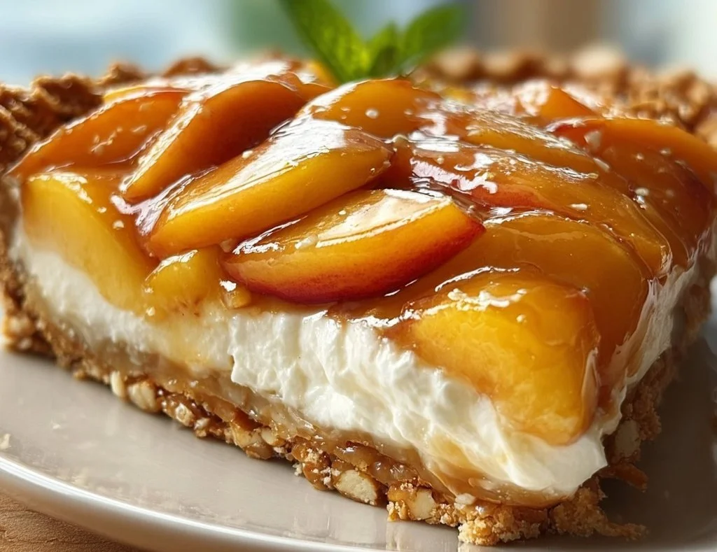 Delicious Peaches and Cream Pretzel Pie on a serving plate