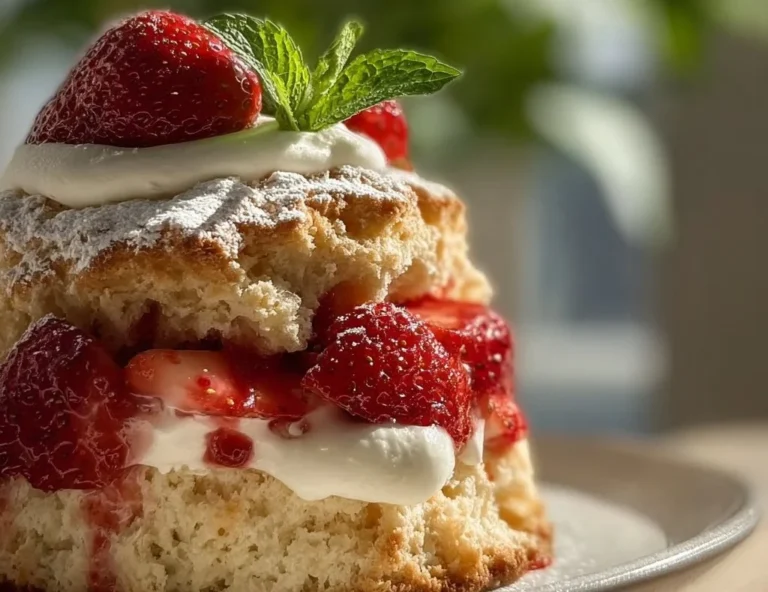 Fluffy classic strawberry shortcake with fresh strawberries and whipped cream
