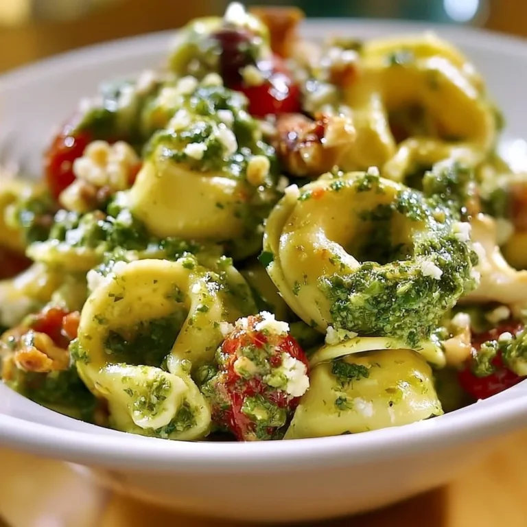 Colorful Pesto Tortellini Salad with cherry tomatoes and fresh basil